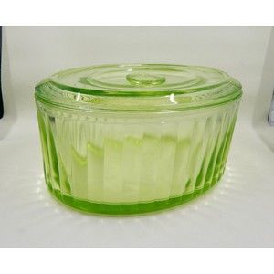 Anchor Hocking Covered Green Uranium Vaseline Glass Oval Refrigerator Dish 8x6